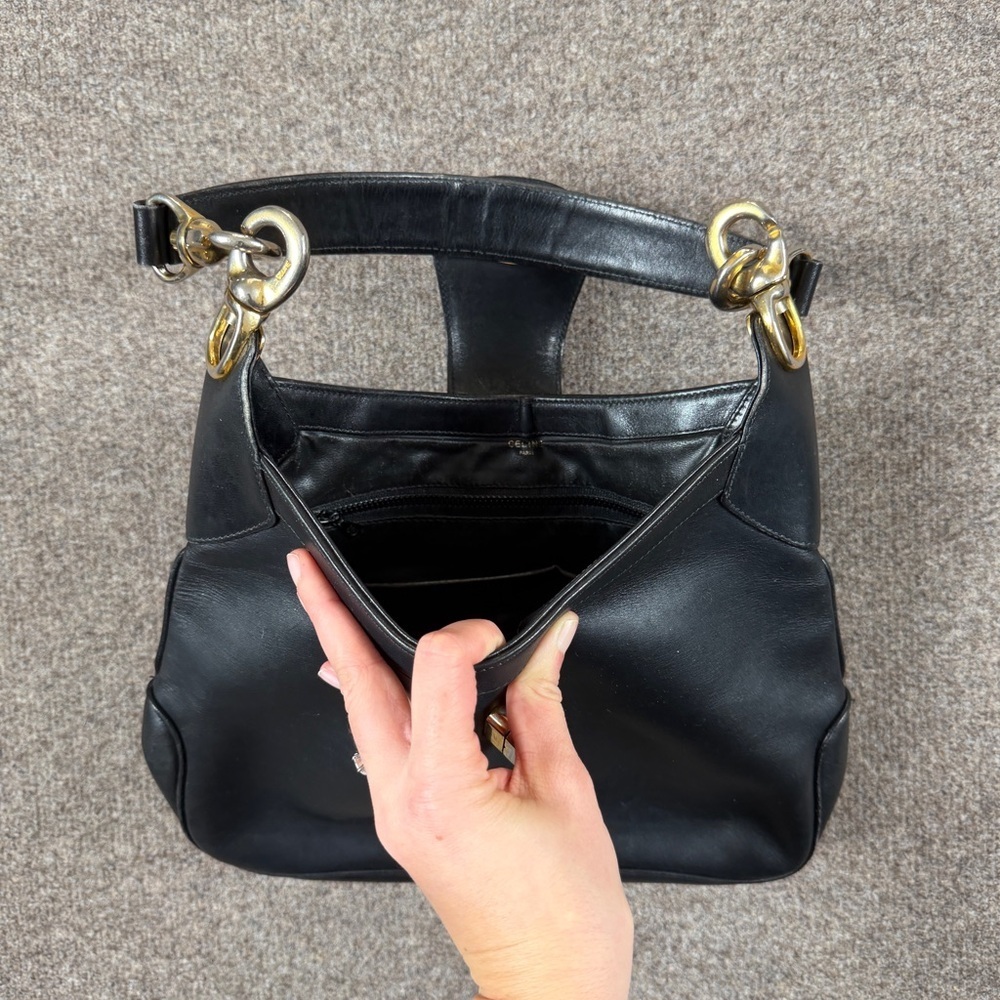 Vintage 80s Celine Black Smooth Leather Hobo Shoulder Bag Gold-Toned Hardware - Picture 12 of 16